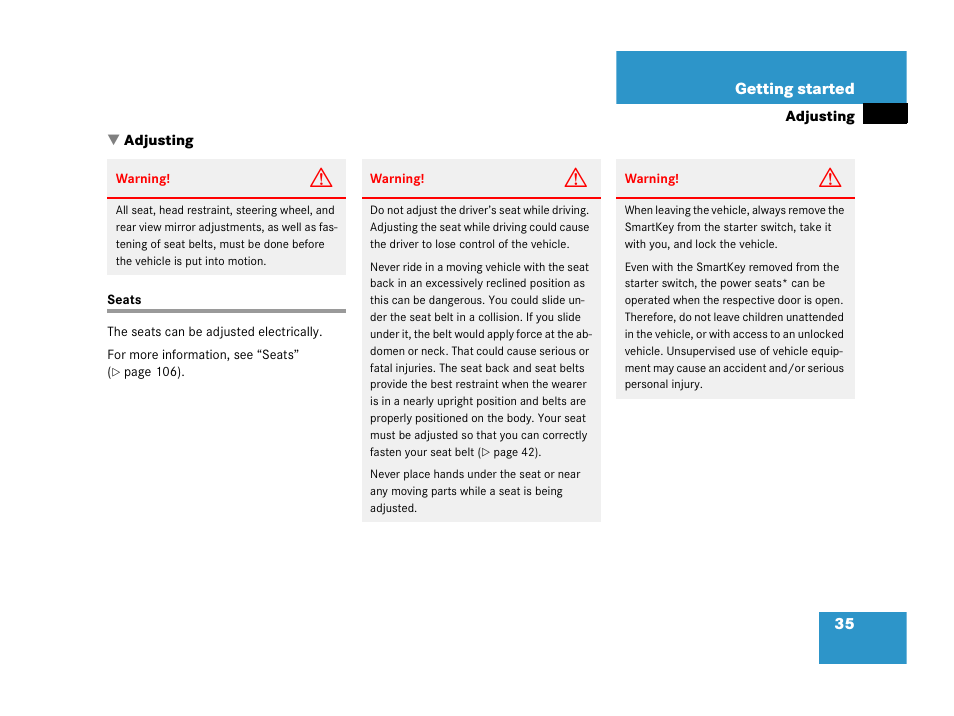Adjusting, Seats | Mercedes-Benz 2006 C 55 AMG User Manual | Page 36 / 473