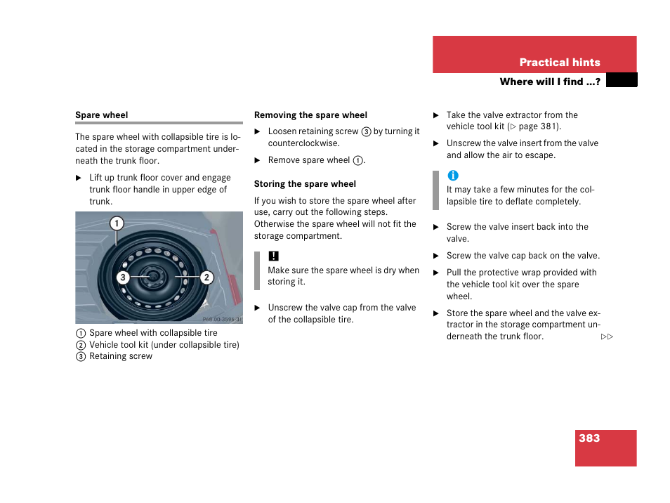 Spare wheel | Mercedes-Benz 2006 C 55 AMG User Manual | Page 384 / 473