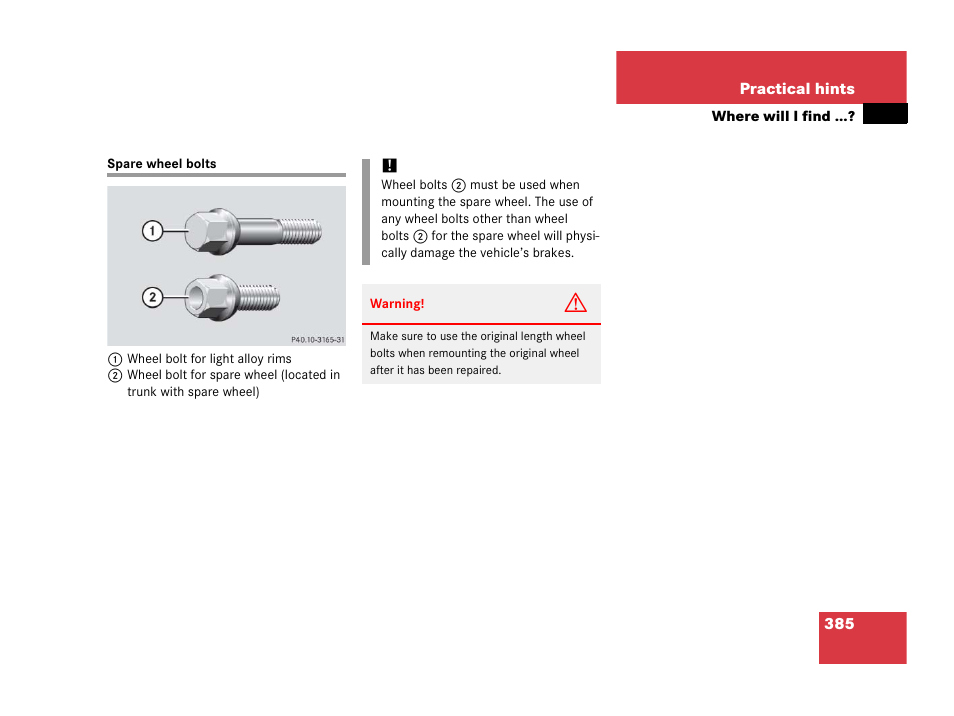 Spare wheel:bolts, Spare wheel bolts | Mercedes-Benz 2006 C 55 AMG User Manual | Page 386 / 473