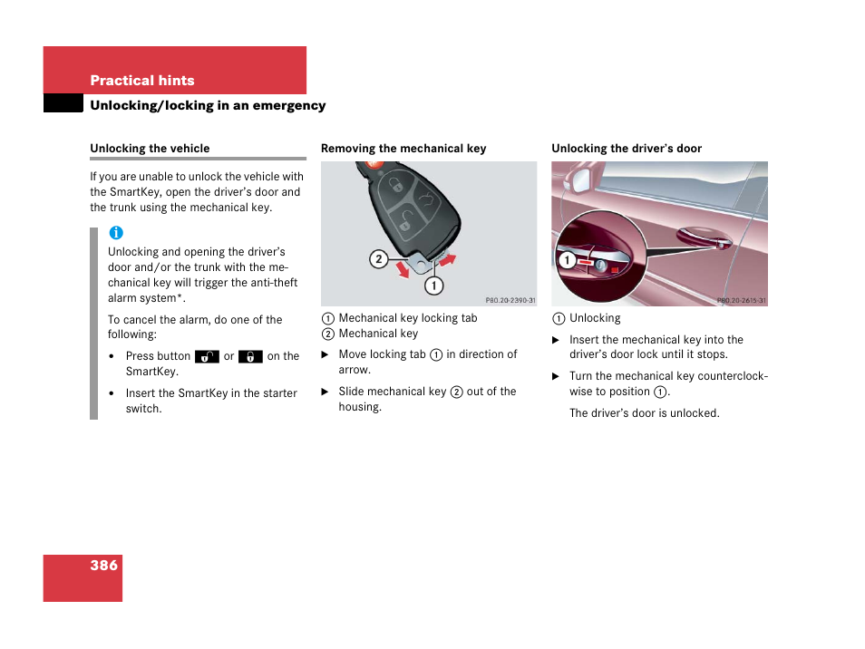 Locking/unlocking in an emergency, Unlocking the vehicle, Unlocking/locking in an emergency | Mercedes-Benz 2006 C 55 AMG User Manual | Page 387 / 473