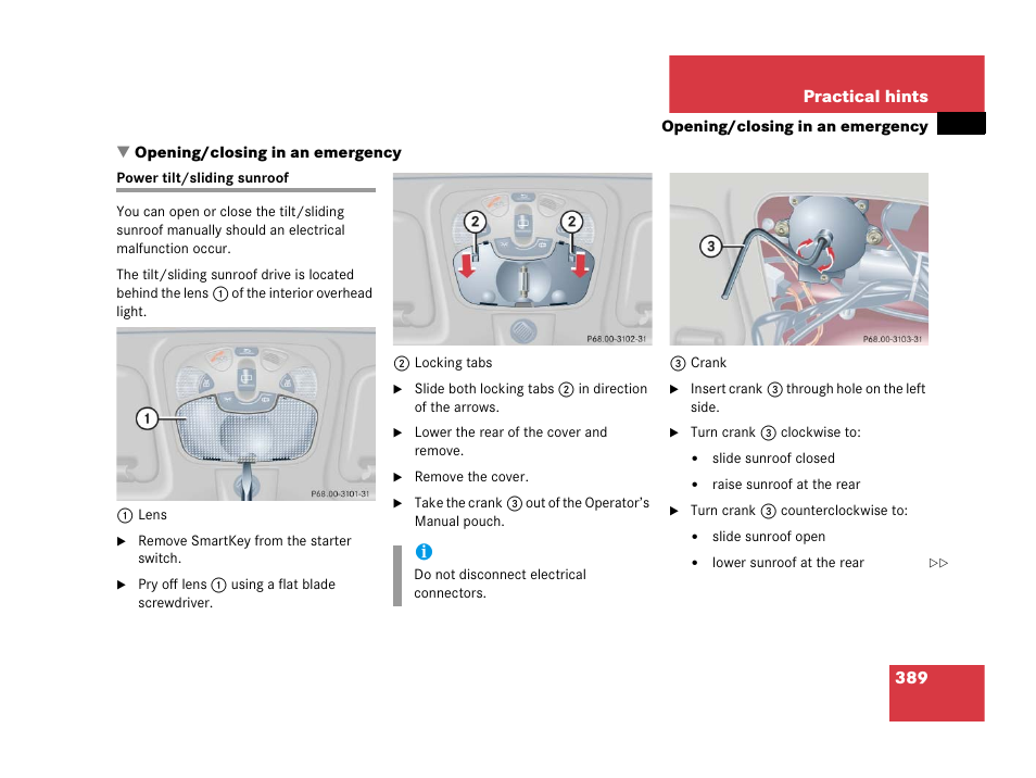 Opening/closing in an emergency, Power tilt/sliding sunroof | Mercedes-Benz 2006 C 55 AMG User Manual | Page 390 / 473
