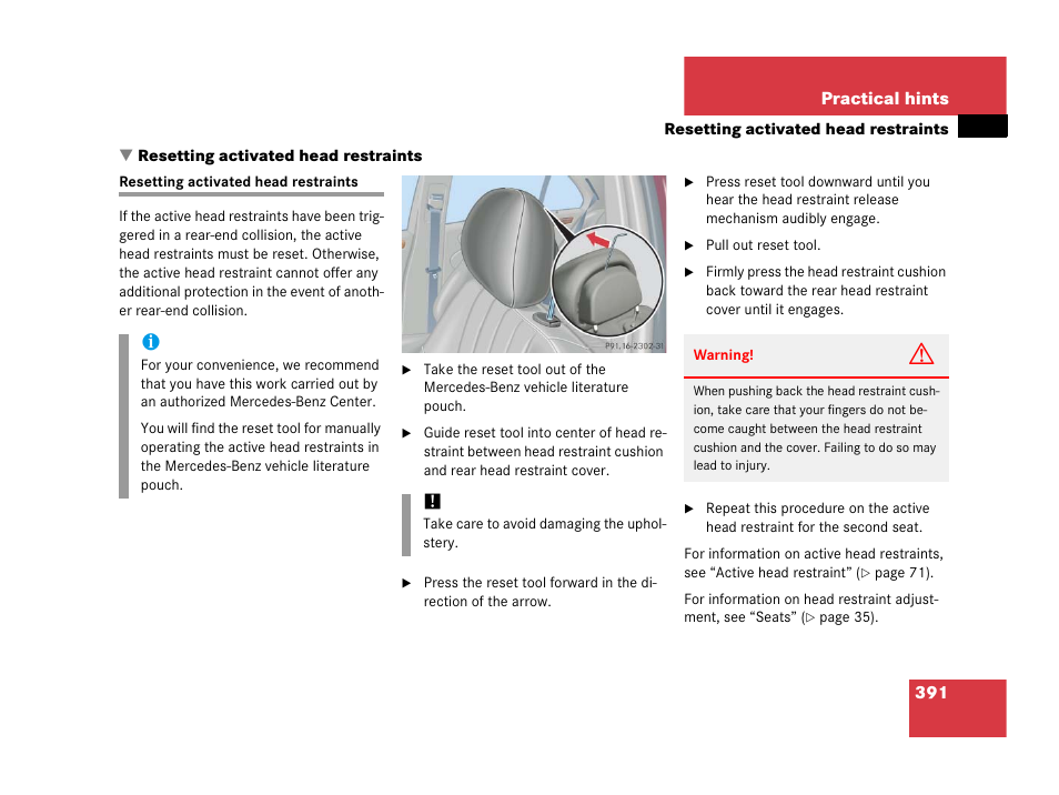 Resetting activated head restraints | Mercedes-Benz 2006 C 55 AMG User Manual | Page 392 / 473