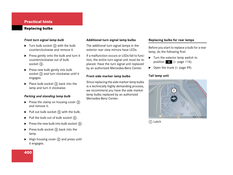 Replacing bulbs:rear lamps, Replacing bulbs for rear lamps | Mercedes-Benz 2006 C 55 AMG User Manual | Page 401 / 473