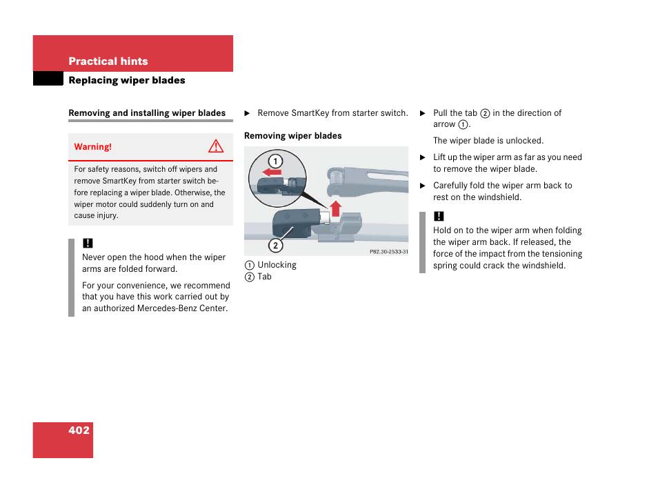 Replacing wiper blades, Removing and installing wiper blades | Mercedes-Benz 2006 C 55 AMG User Manual | Page 403 / 473