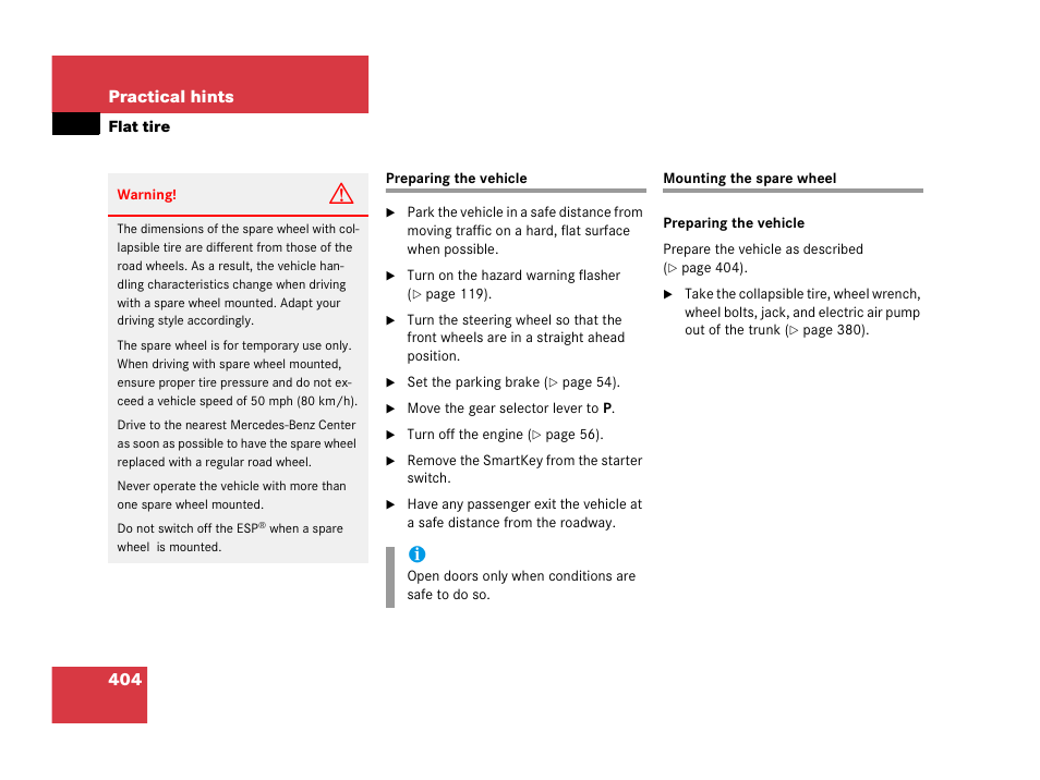 Flat tire, Preparing the vehicle, Mounting the spare wheel | Preparing the vehicle mounting the spare wheel, 404 practical hints | Mercedes-Benz 2006 C 55 AMG User Manual | Page 405 / 473