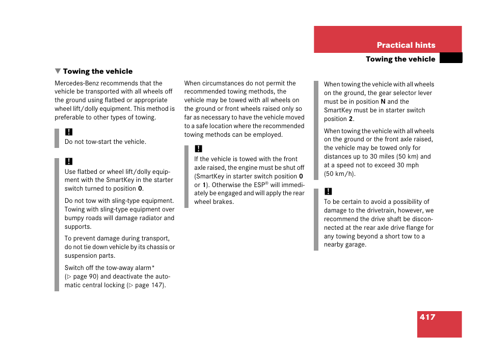 Towing the vehicle | Mercedes-Benz 2006 C 55 AMG User Manual | Page 418 / 473