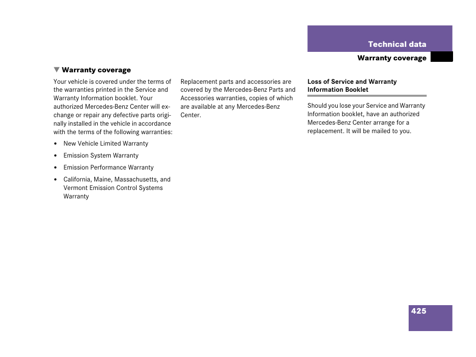 Warranty coverage, Loss of service and warranty information booklet | Mercedes-Benz 2006 C 55 AMG User Manual | Page 426 / 473