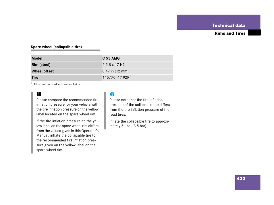 Spare wheel, Spare wheel (collapsible tire) | Mercedes-Benz 2006 C 55 AMG User Manual | Page 434 / 473
