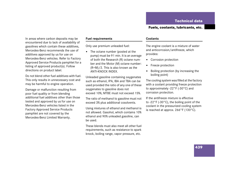 Fuel requirements, Coolants, Fuel requirements coolants | Mercedes-Benz 2006 C 55 AMG User Manual | Page 440 / 473