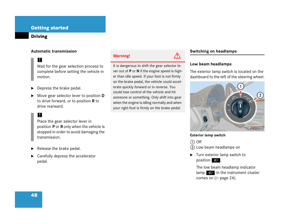 Headlamps:switching on, Switching on headlamps | Mercedes-Benz 2006 C 55 AMG User Manual | Page 49 / 473