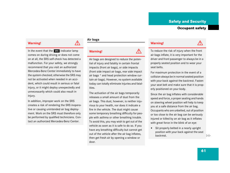 Air bags, 61 safety and security | Mercedes-Benz 2006 C 55 AMG User Manual | Page 62 / 473