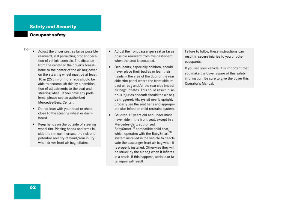 62 safety and security | Mercedes-Benz 2006 C 55 AMG User Manual | Page 63 / 473
