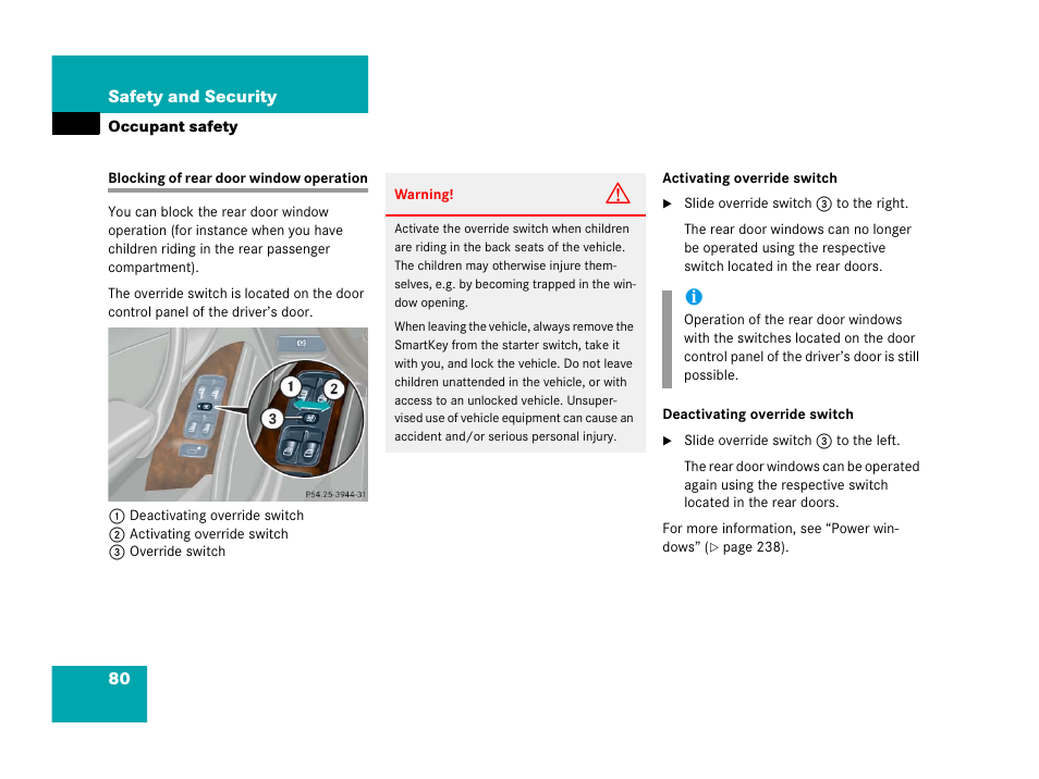 Rear door window:blocking operation, Blocking of rear door window operation | Mercedes-Benz 2006 C 55 AMG User Manual | Page 81 / 473