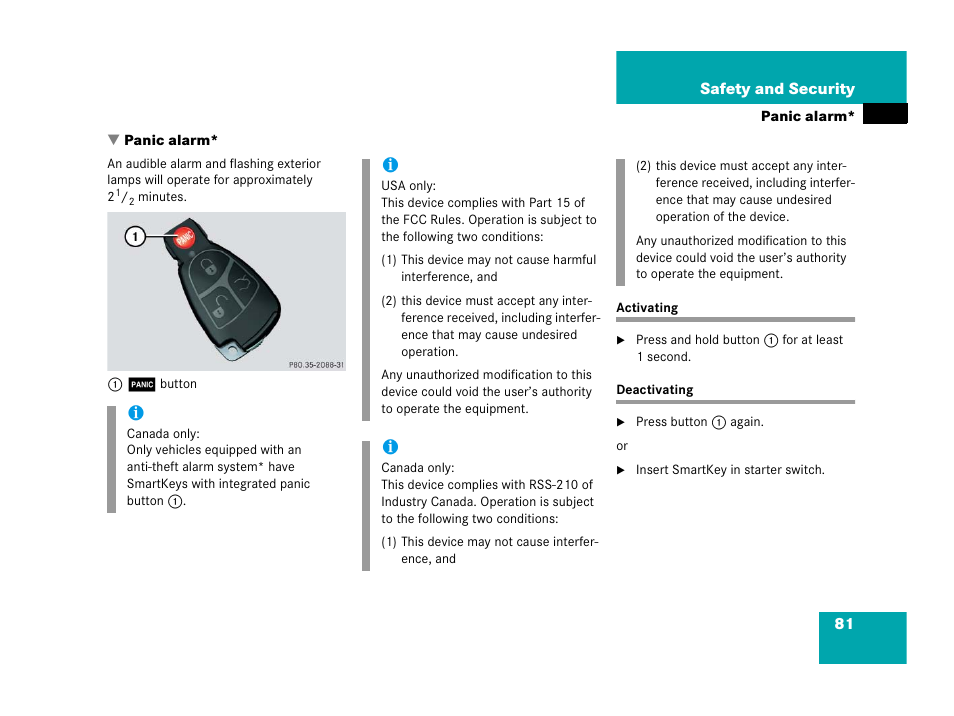 Panic alarm, Activating, Deactivating | Activating deactivating, Tton | Mercedes-Benz 2006 C 55 AMG User Manual | Page 82 / 473