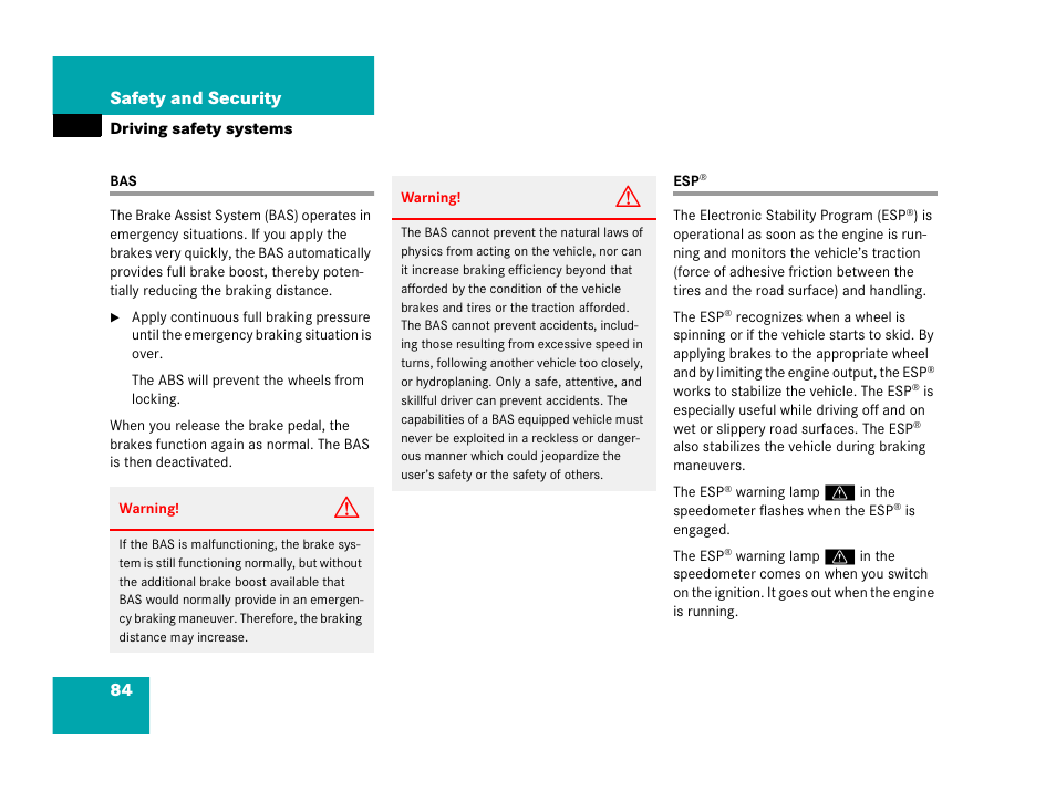 Bas esp, 84 safety and security | Mercedes-Benz 2006 C 55 AMG User Manual | Page 85 / 473