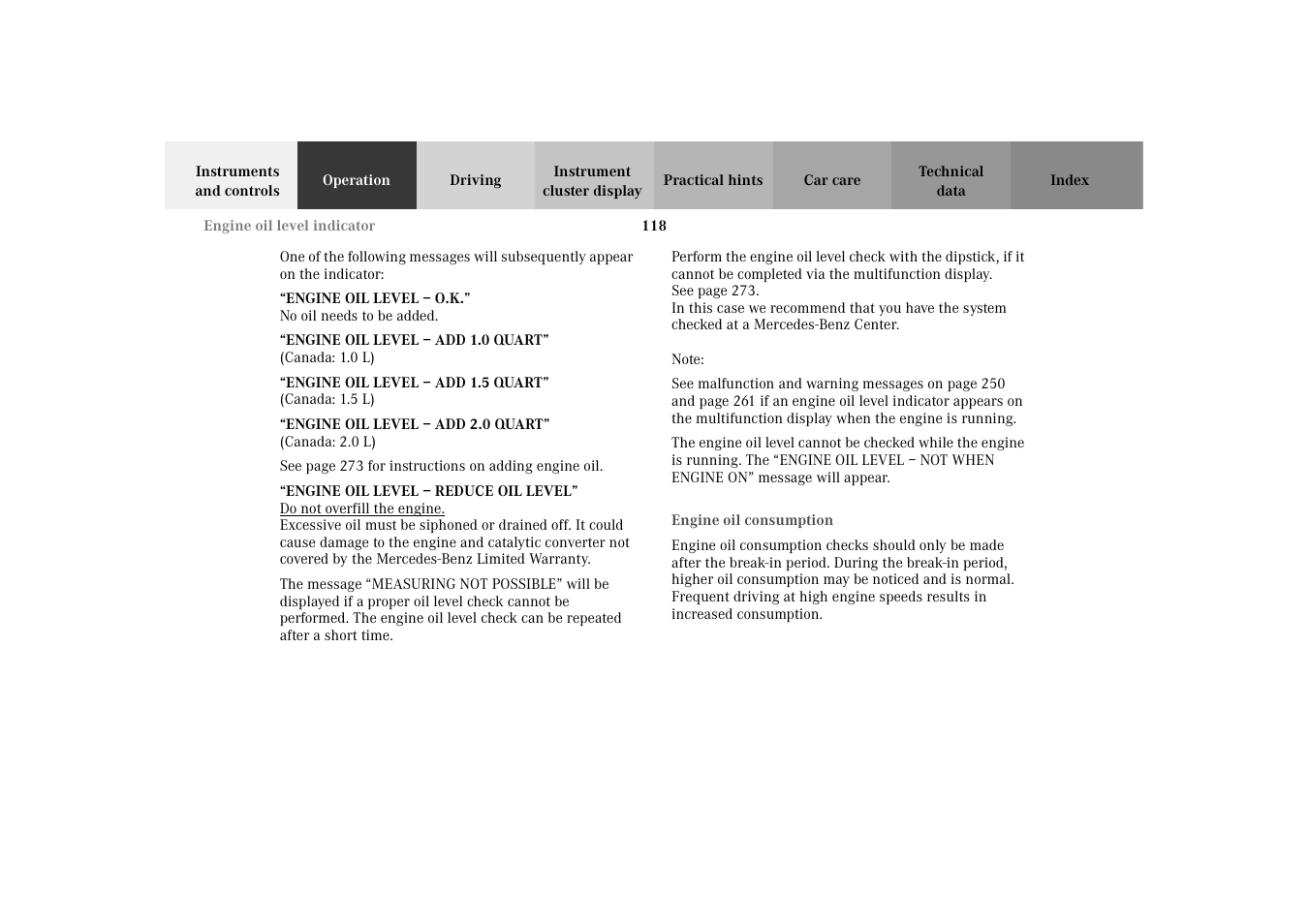 Engine oil consumption | Mercedes-Benz 2003 E -Class Wagon User Manual | Page 121 / 354