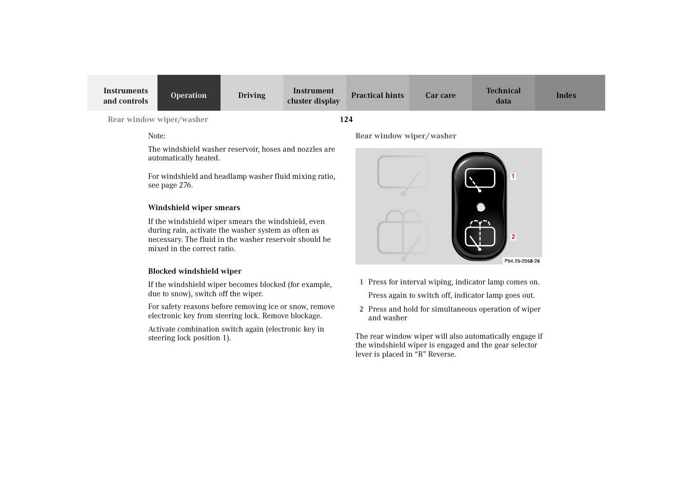 Windshield wiper smears, Blocked windshield wiper, Rear window wiper / washer | Mercedes-Benz 2003 E -Class Wagon User Manual | Page 127 / 354