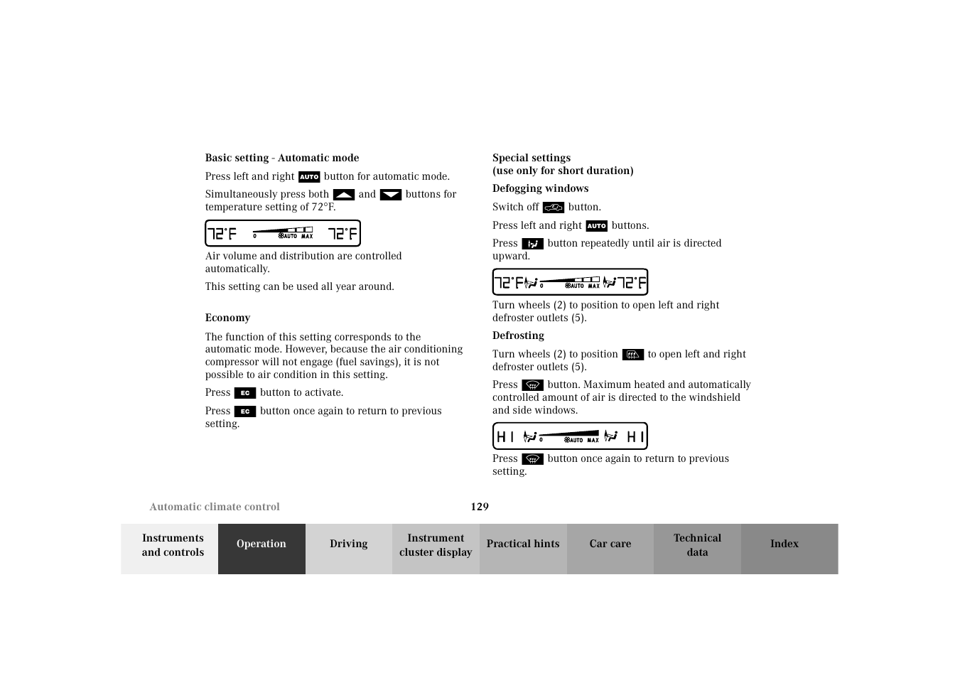 Basic setting, Automatic climate control:economy, Special settings | Mercedes-Benz 2003 E -Class Wagon User Manual | Page 132 / 354