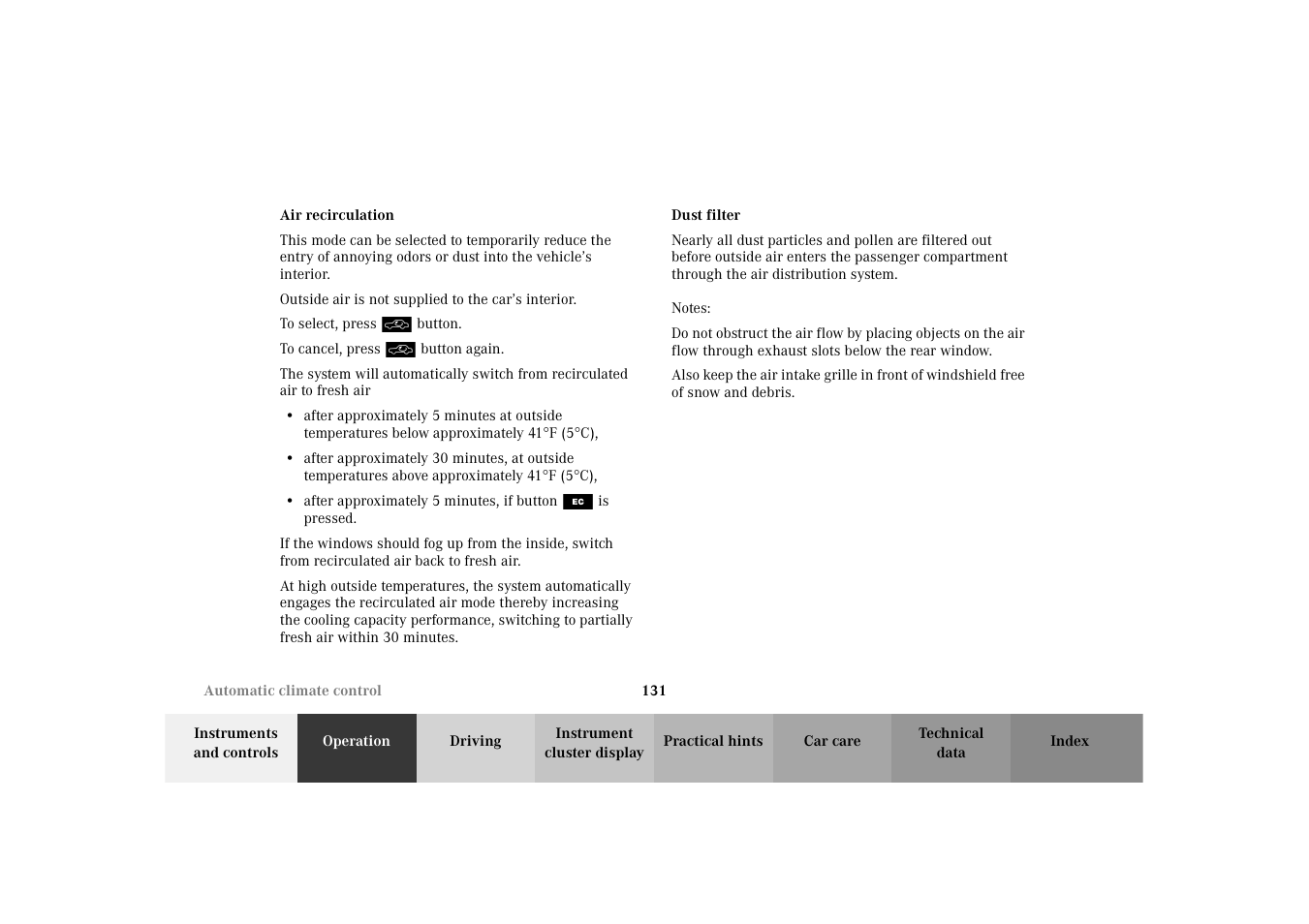 Air recirculation dust filter | Mercedes-Benz 2003 E -Class Wagon User Manual | Page 134 / 354