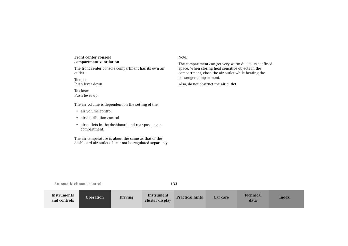 Front center console compartment ventilation | Mercedes-Benz 2003 E -Class Wagon User Manual | Page 136 / 354