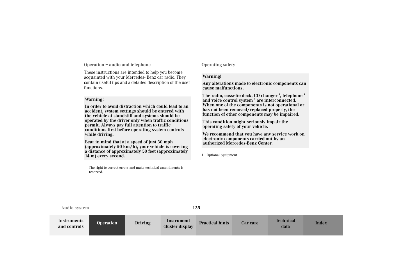 Audio and telephone, operation, Audio system:operating safety, Audio and telephone | Operation | Mercedes-Benz 2003 E -Class Wagon User Manual | Page 138 / 354