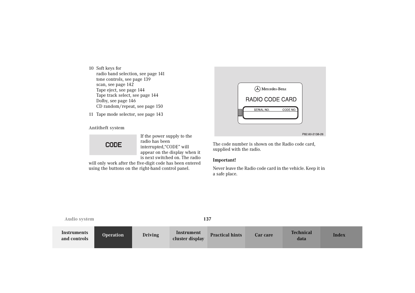 Audio system:anti-theft system | Mercedes-Benz 2003 E -Class Wagon User Manual | Page 140 / 354