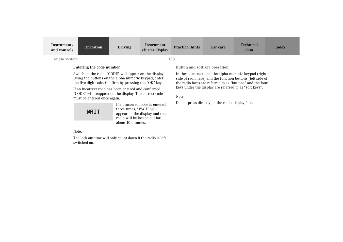 Entering the code number, Audio system:button and soft key operation | Mercedes-Benz 2003 E -Class Wagon User Manual | Page 141 / 354