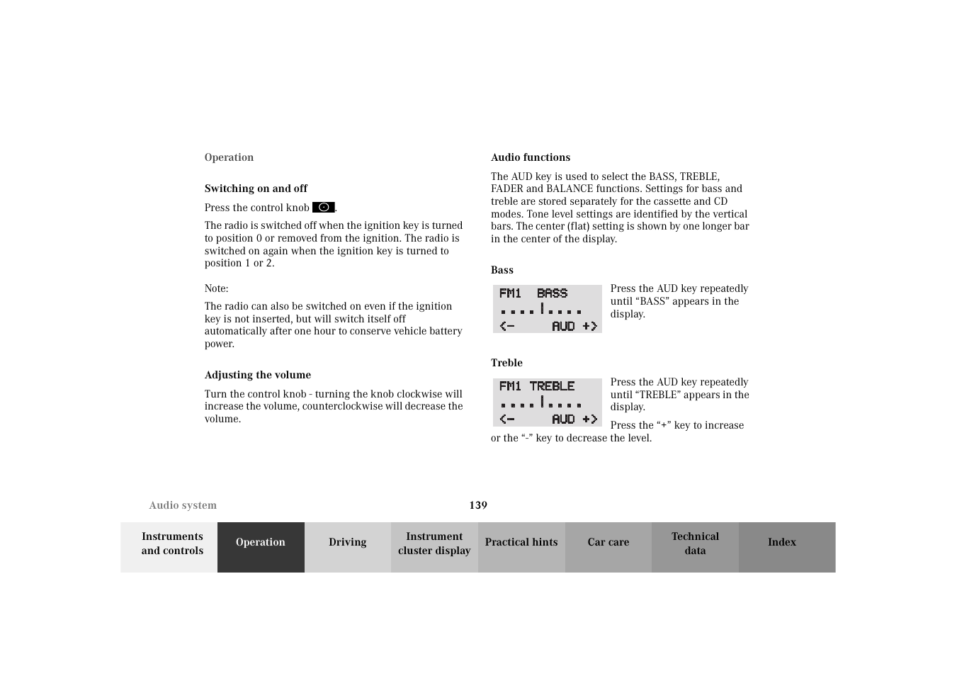 Operation, Switching on and off, Adjusting the volume | Audio functions, Bass, Treble | Mercedes-Benz 2003 E -Class Wagon User Manual | Page 142 / 354