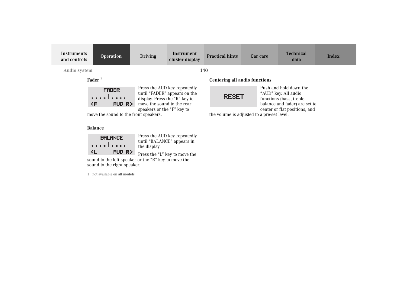 Fader, Balance, Centering all audio functions | Mercedes-Benz 2003 E -Class Wagon User Manual | Page 143 / 354