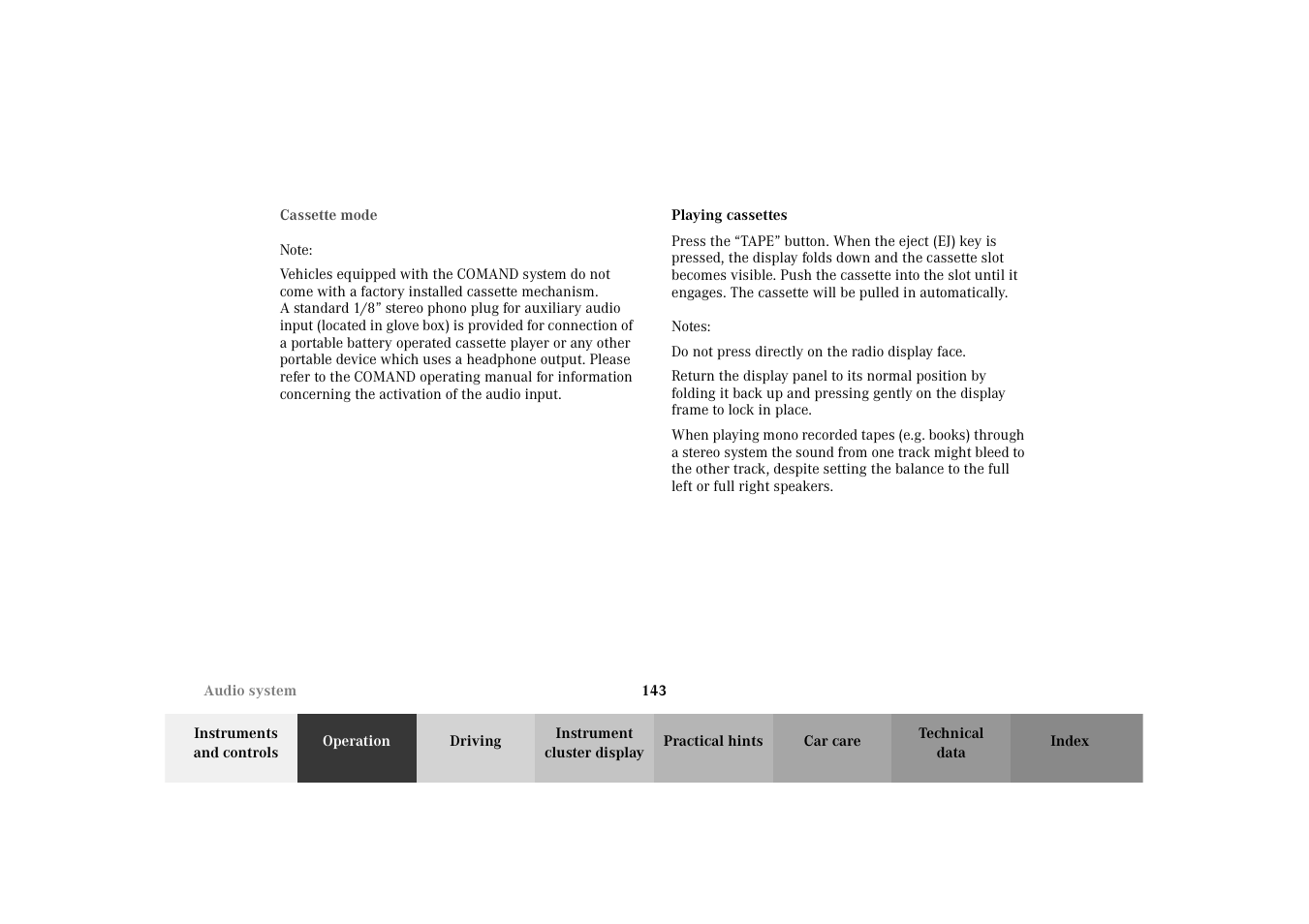 Audio system:cassette mode, Playing cassettes | Mercedes-Benz 2003 E -Class Wagon User Manual | Page 146 / 354