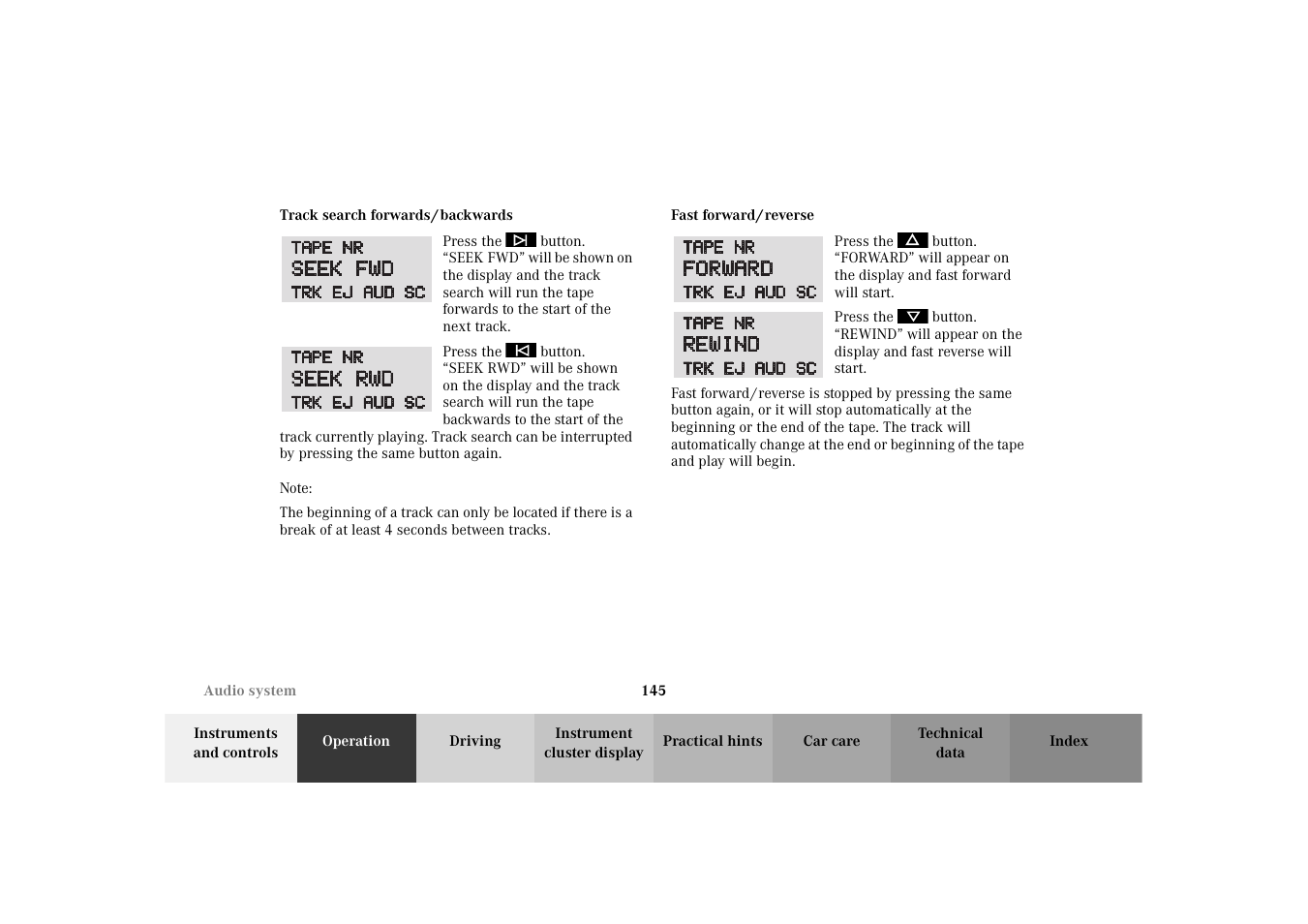 Track search forwards/backwards, Fast forward/reverse, 145 an | Mercedes-Benz 2003 E -Class Wagon User Manual | Page 148 / 354