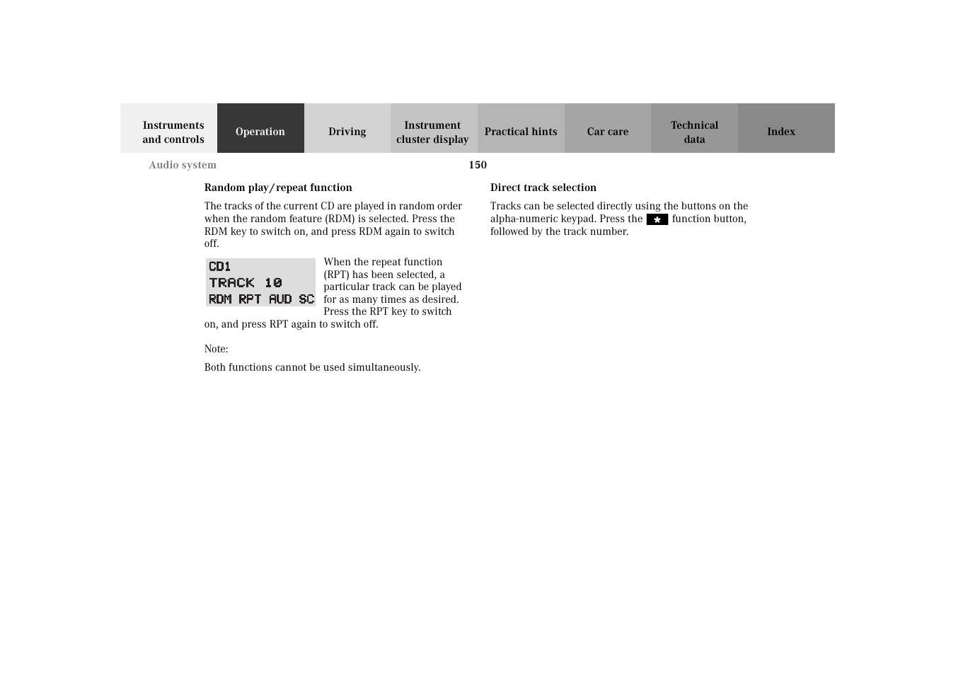 Random play/repeat function, Direct track selection | Mercedes-Benz 2003 E -Class Wagon User Manual | Page 153 / 354