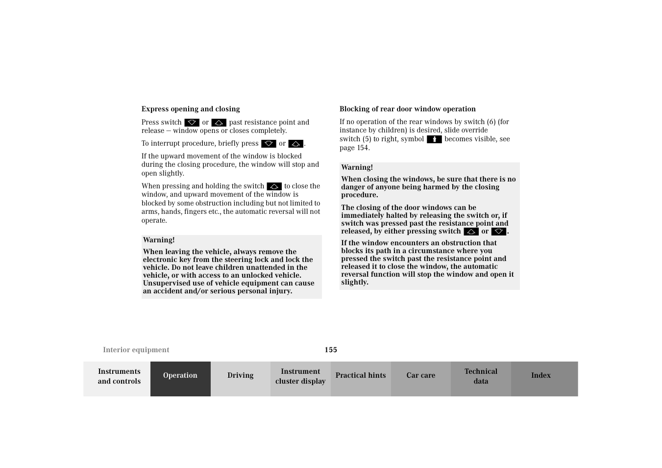 Express opening and closing | Mercedes-Benz 2003 E -Class Wagon User Manual | Page 158 / 354