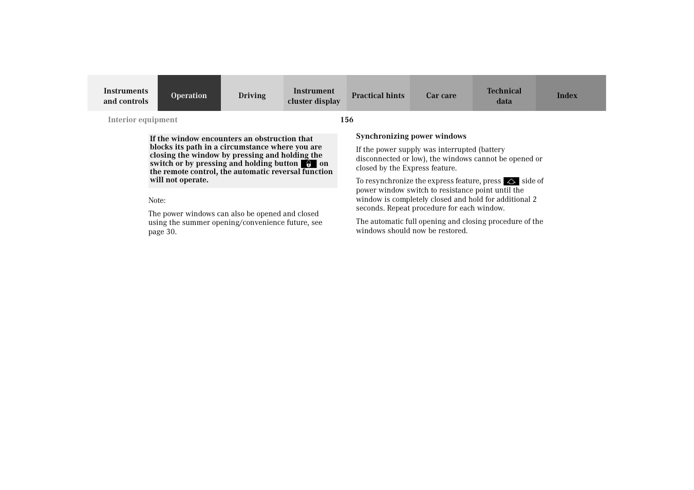 Power windows:synchronizing | Mercedes-Benz 2003 E -Class Wagon User Manual | Page 159 / 354