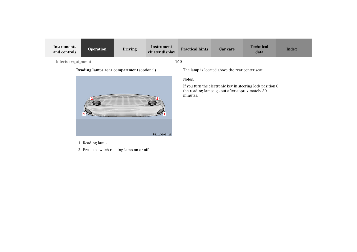 Reading lamps rear compartment, Reading lamps rear, Compartment | Mercedes-Benz 2003 E -Class Wagon User Manual | Page 163 / 354