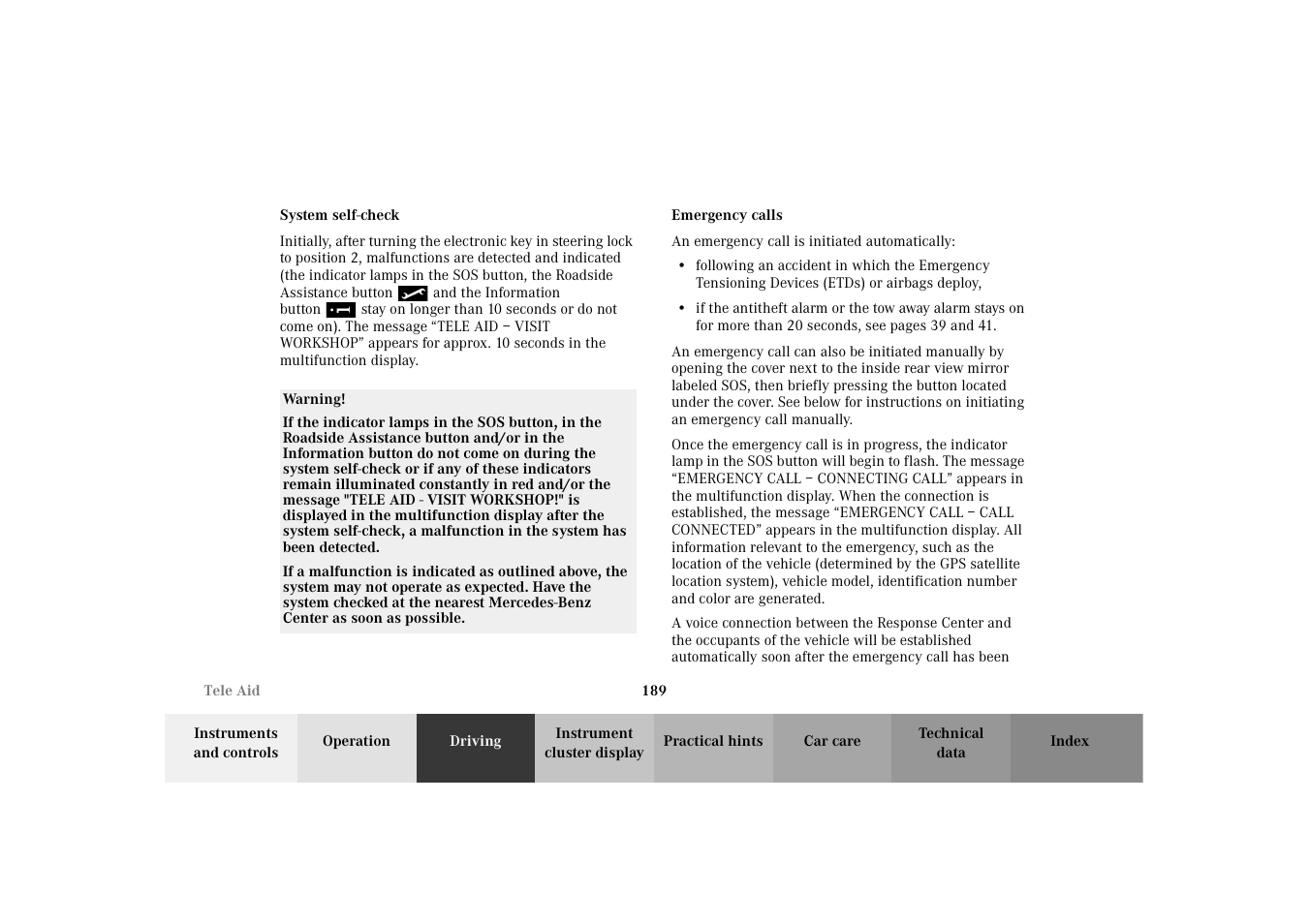 System self-check, Tele aid:emergency calls | Mercedes-Benz 2003 E -Class Wagon User Manual | Page 192 / 354