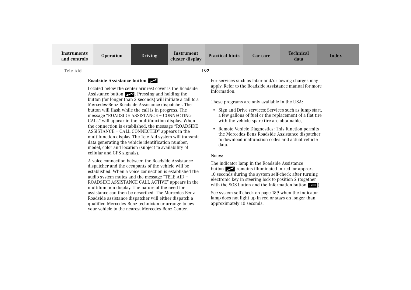 Tele aid:roadside assistance | Mercedes-Benz 2003 E -Class Wagon User Manual | Page 195 / 354