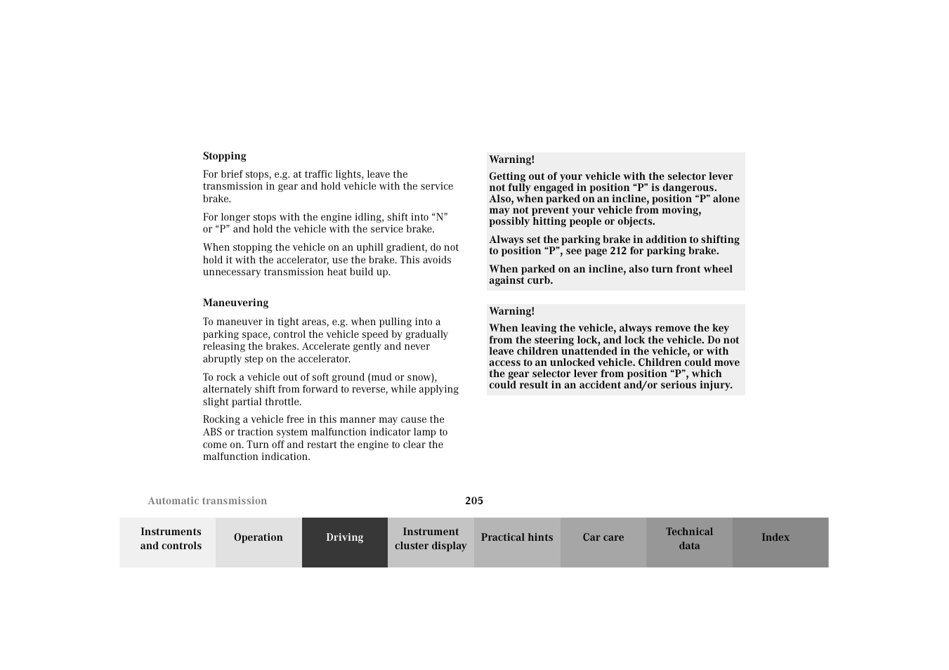 Stopping, Maneuvering | Mercedes-Benz 2003 E -Class Wagon User Manual | Page 208 / 354