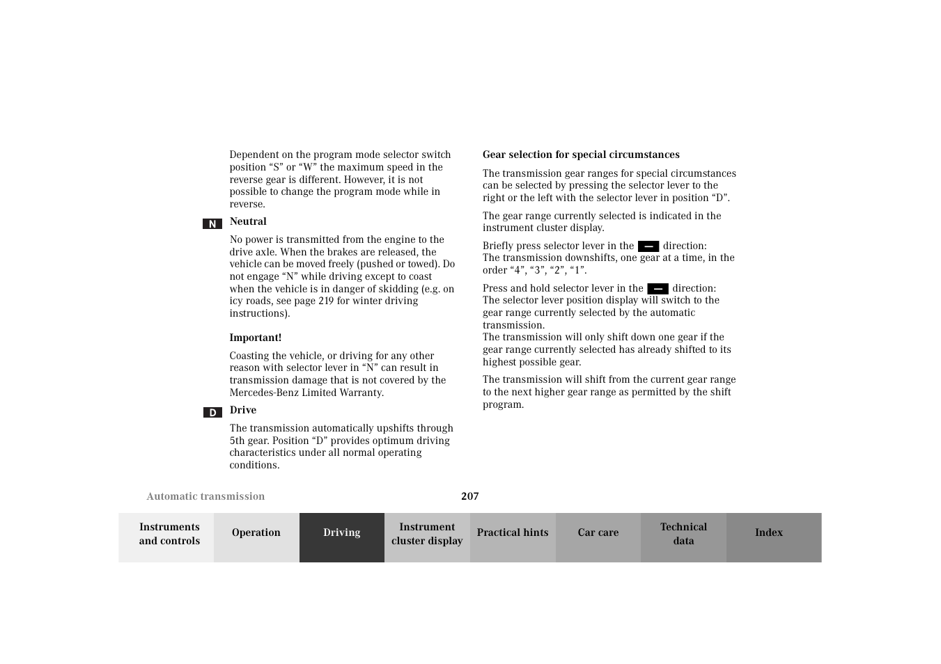 Gear selection for special circumstances | Mercedes-Benz 2003 E -Class Wagon User Manual | Page 210 / 354