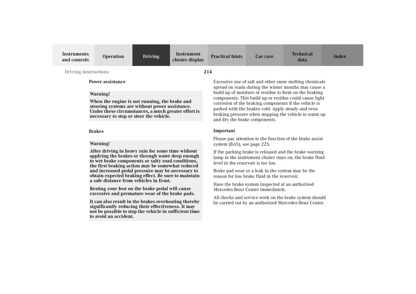 Power assistance, Brakes, Power assistance brakes | Mercedes-Benz 2003 E -Class Wagon User Manual | Page 217 / 354