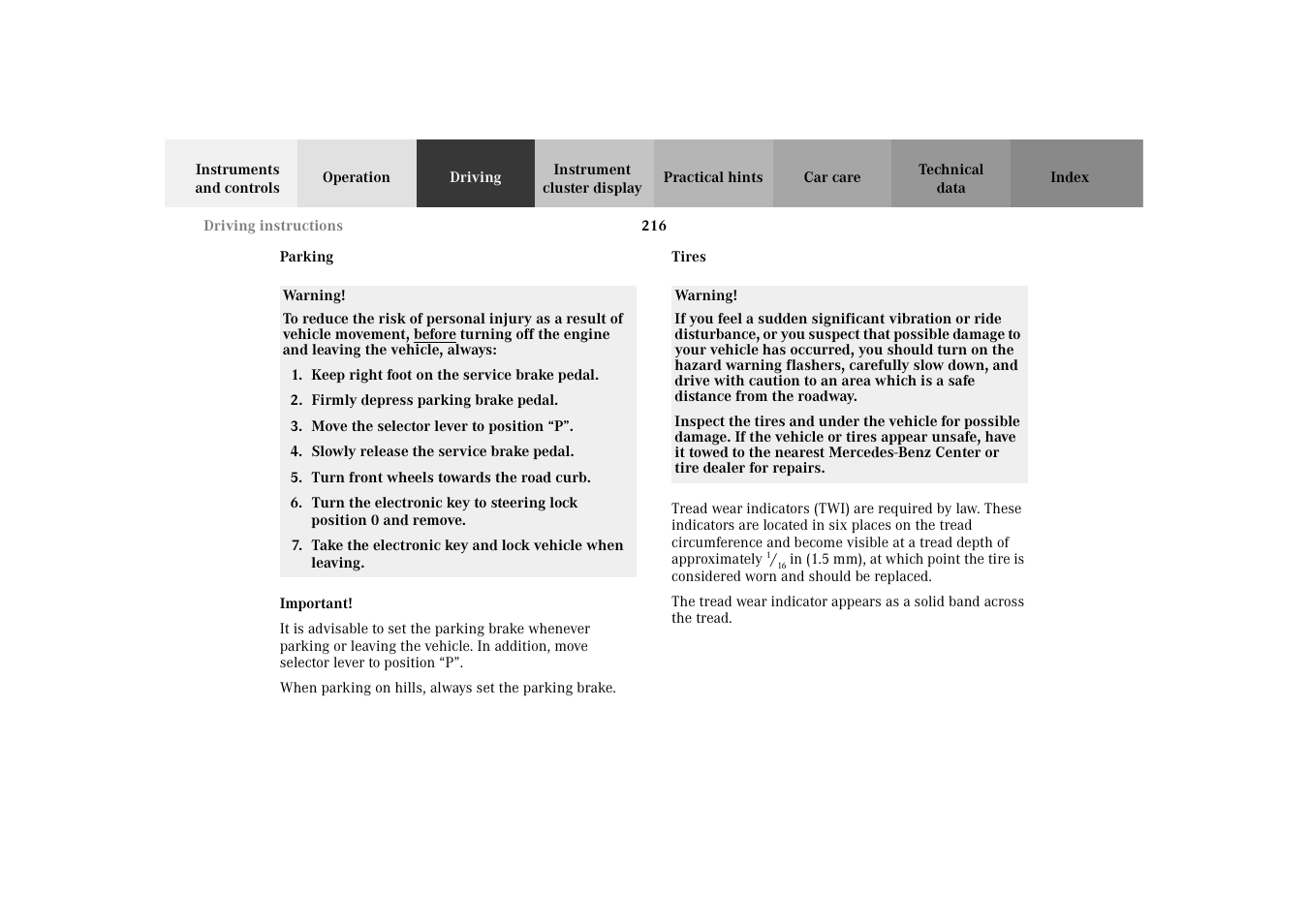 Parking, Tires, Parking tires | Mercedes-Benz 2003 E -Class Wagon User Manual | Page 219 / 354