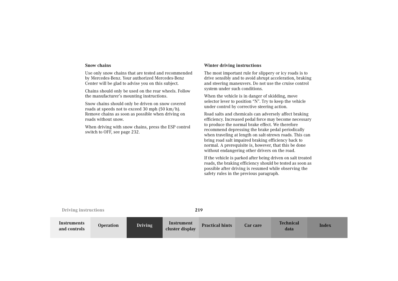 Snow chains, Winter driving instructions, Snow chains winter driving instructions | Mercedes-Benz 2003 E -Class Wagon User Manual | Page 222 / 354