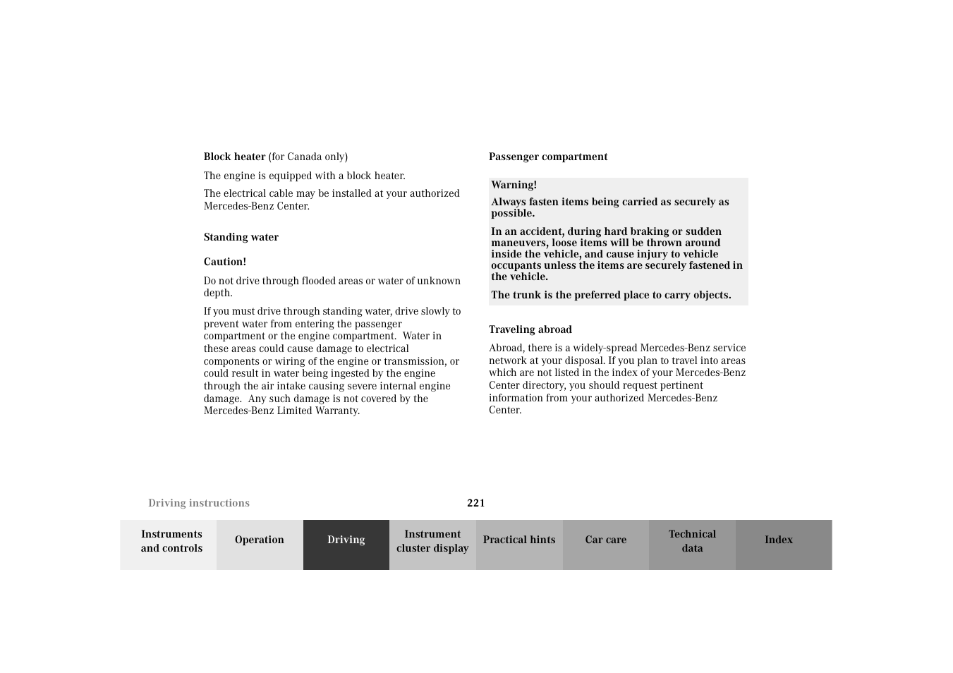 Block heater, Standing water, Passenger compartment | Traveling abroad | Mercedes-Benz 2003 E -Class Wagon User Manual | Page 224 / 354