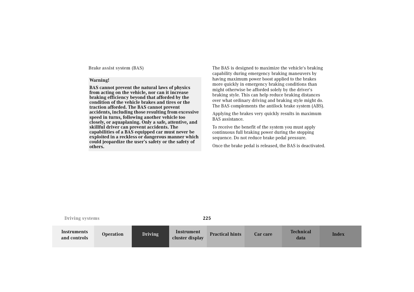 Brake assist system (bas) | Mercedes-Benz 2003 E -Class Wagon User Manual | Page 228 / 354