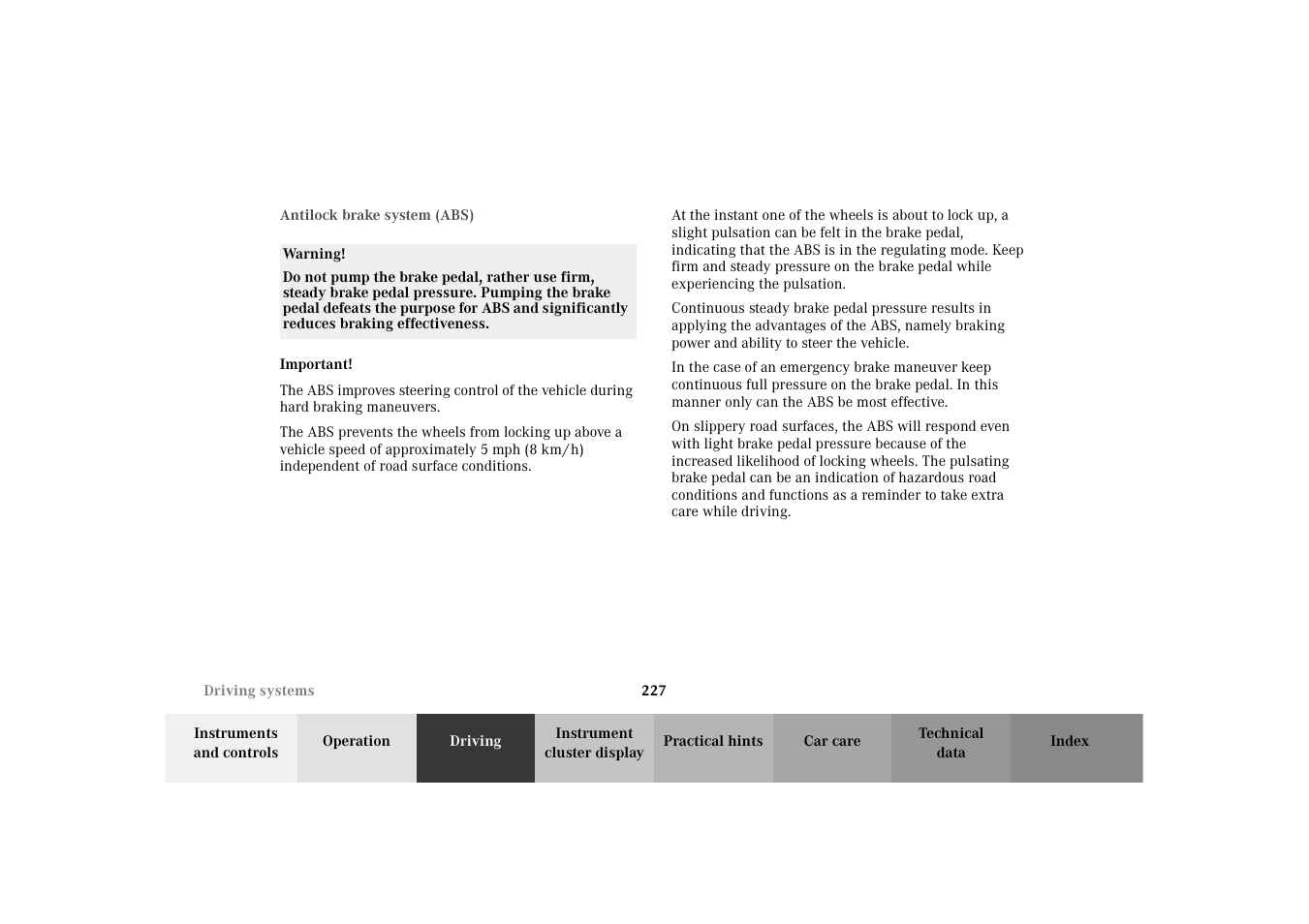Antilock brake system (abs) | Mercedes-Benz 2003 E -Class Wagon User Manual | Page 230 / 354