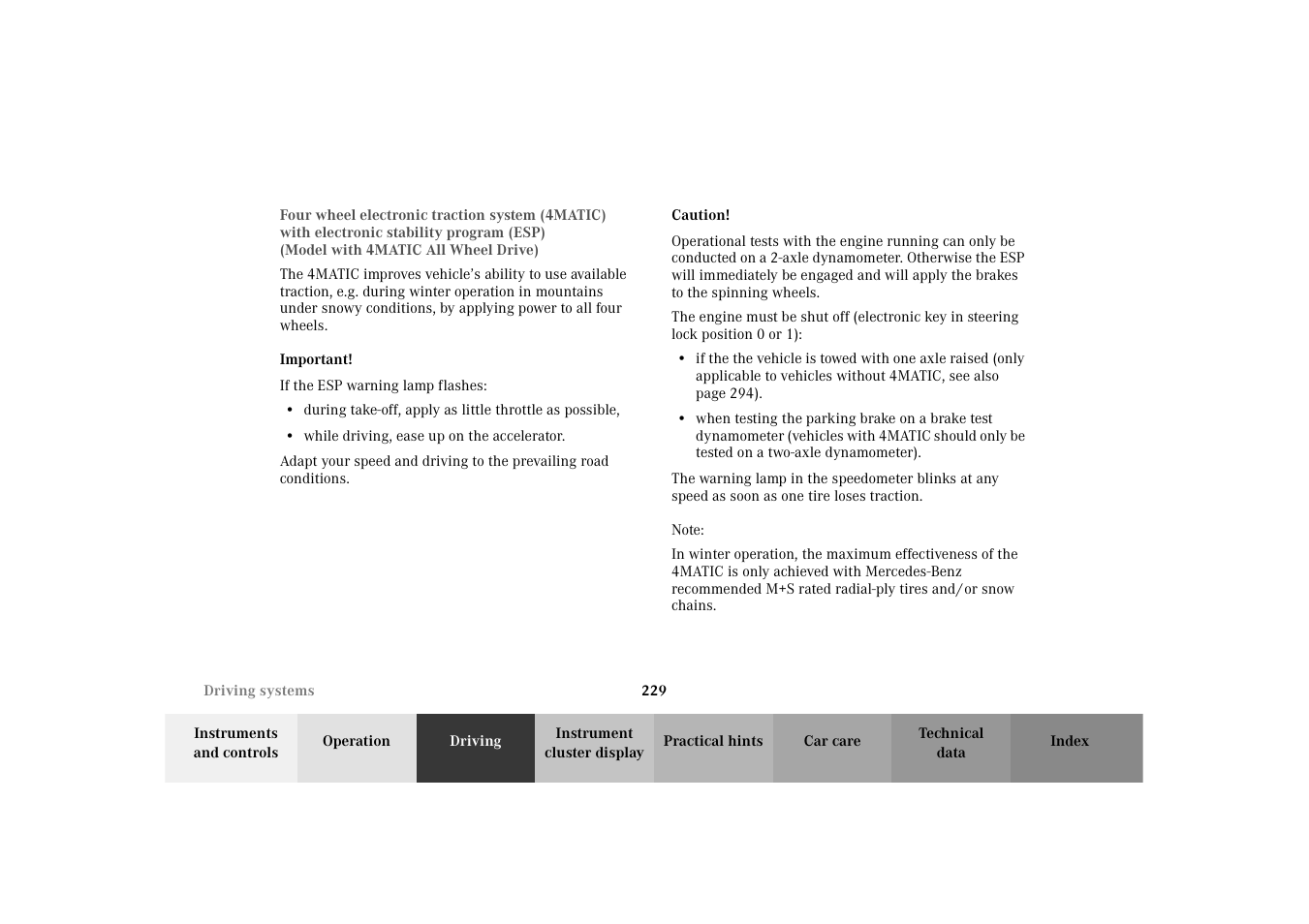 Four wheel electronic traction system (4matic), Four wheel electronic traction, System (4matic) | Mercedes-Benz 2003 E -Class Wagon User Manual | Page 232 / 354