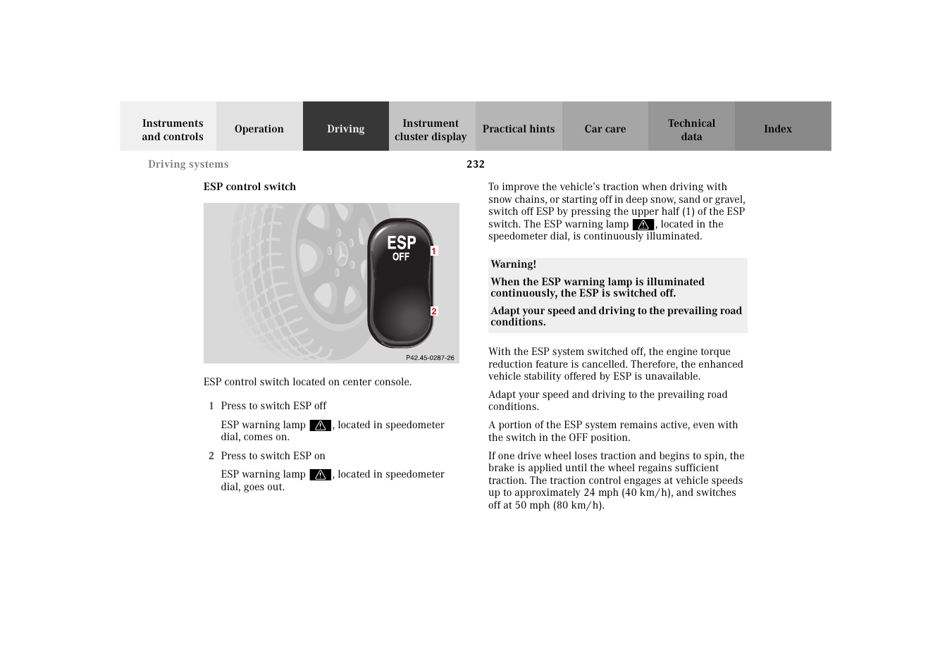 Esp (electronic stability program):control switch | Mercedes-Benz 2003 E -Class Wagon User Manual | Page 235 / 354