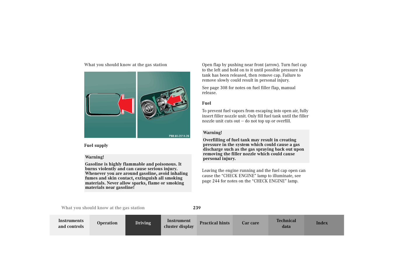 What you should know at the gas station, What you should know at the gas, Station | What you should know at the, Gas station | Mercedes-Benz 2003 E -Class Wagon User Manual | Page 242 / 354