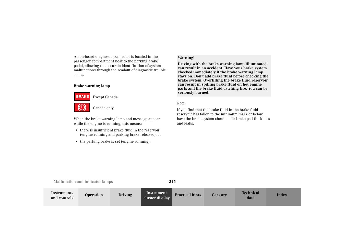 Brake warning lamp | Mercedes-Benz 2003 E -Class Wagon User Manual | Page 248 / 354