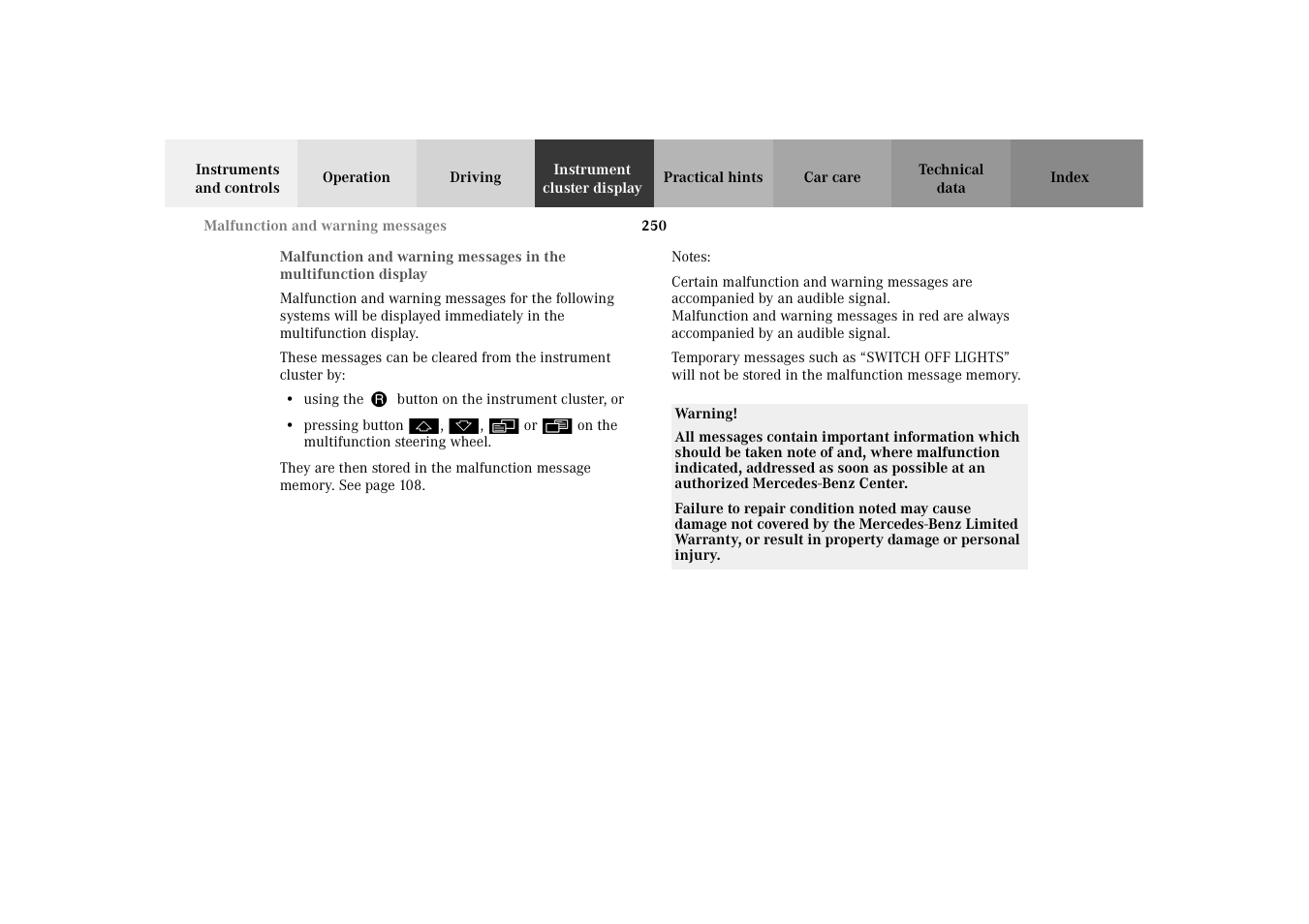 Malfunction and warning messages, In the multifunction display, Malfunction and warning | Mercedes-Benz 2003 E -Class Wagon User Manual | Page 253 / 354